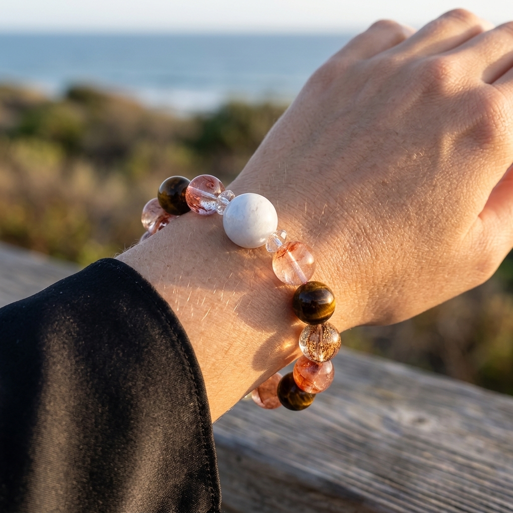 14mm Tiger's Eye Hematoid Quartz Citrine 17mm White Phantom Quartz Vintage Wealth Attraction Mixed Gemstone Bracelet