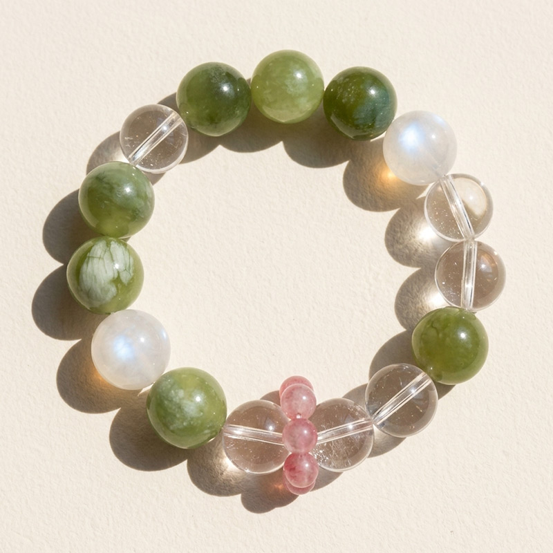 14MM Serpentine Moonstone Clear Quartz Rhodochrosite Running Ring Design Crystal Bracelet