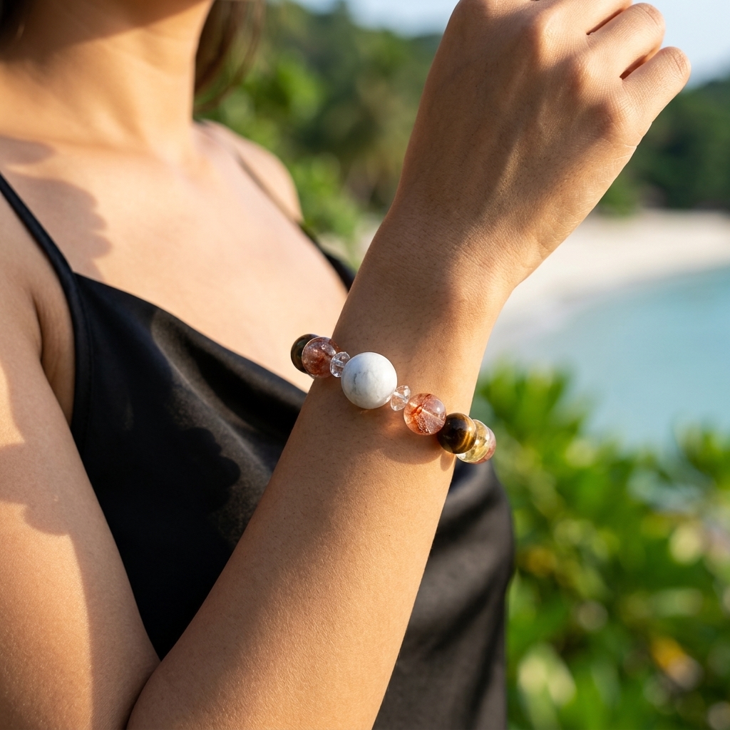14mm Tiger's Eye Hematoid Quartz Citrine 17mm White Phantom Quartz Vintage Wealth Attraction Mixed Gemstone Bracelet