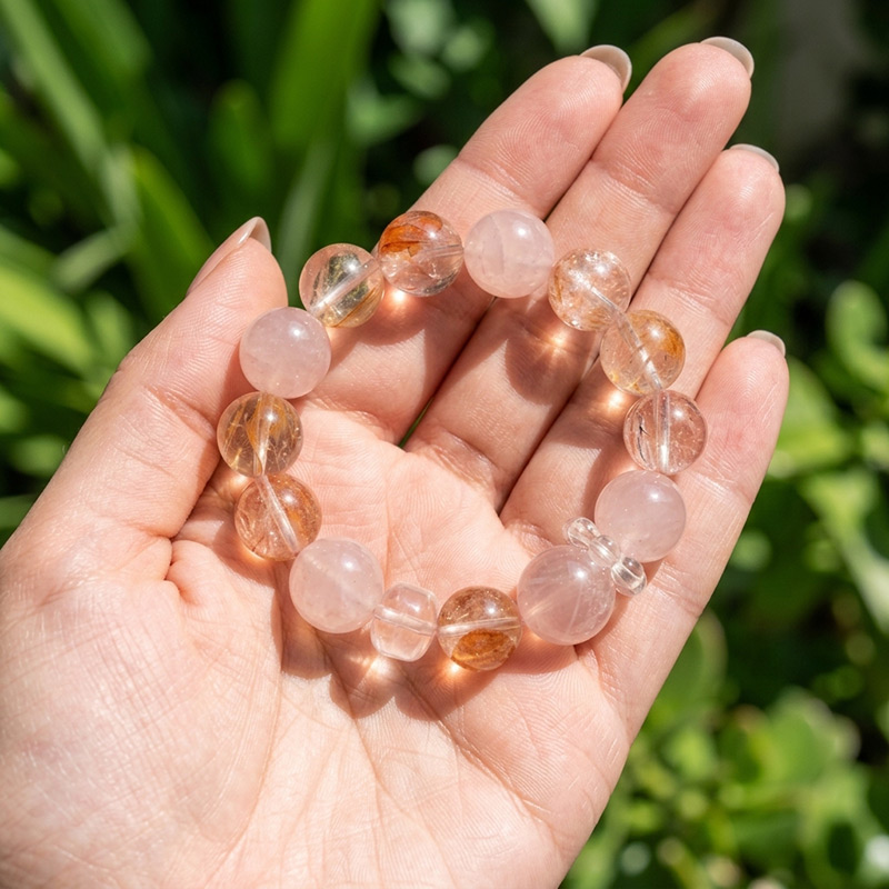 14MM Rose Quartz Red Phantom Clear Quartz Cube Design Crystal Bracelet