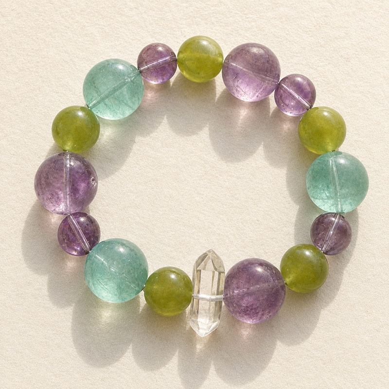 10mm Green Fluorite 15mm Amethyst Prehnite Clear Quartz Mixed Gemstone Crystal Point Bracelet