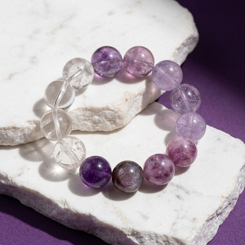 15mm Amethyst Clear Quartz Gradient Mixed Style Crystal Bracelet