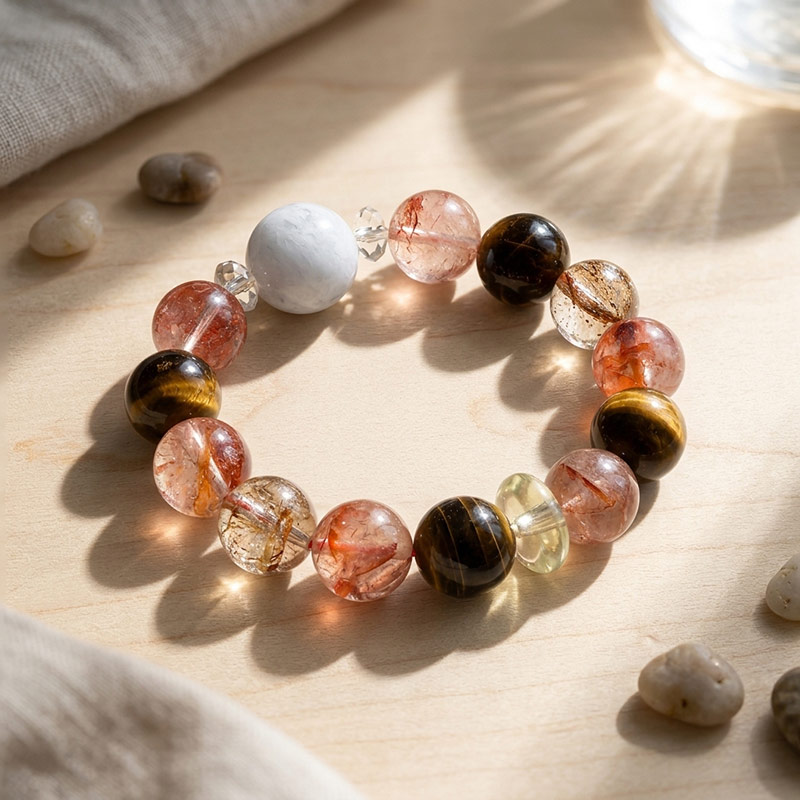 14mm Tiger's Eye Hematoid Quartz Citrine 17mm White Phantom Quartz Vintage Wealth Attraction Mixed Gemstone Bracelet