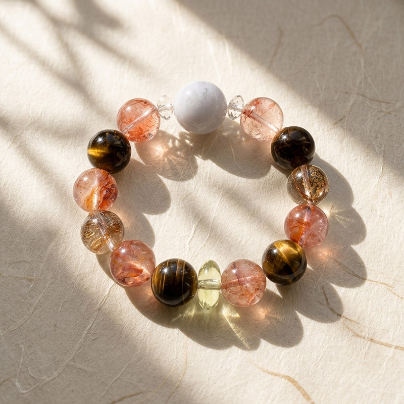 14mm Tiger's Eye Hematoid Quartz Citrine 17mm White Phantom Quartz Vintage Wealth Attraction Mixed Gemstone Bracelet