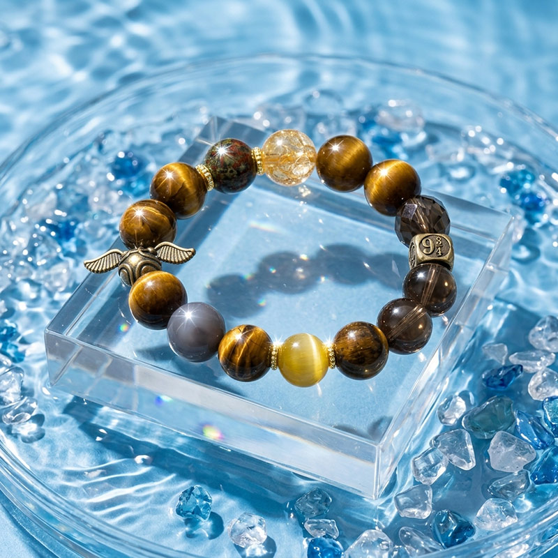 Golden Tiger Eye 12.5MM Retro Golden Winged Orb Accent Crystal Bracelet