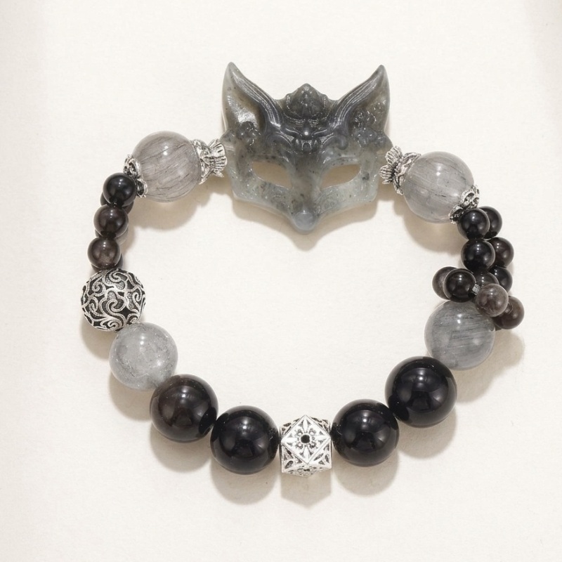 12mm Silver Obsidian Black Rutilated Quartz Crystal Bracelet with Nine-Tailed Fox Carving