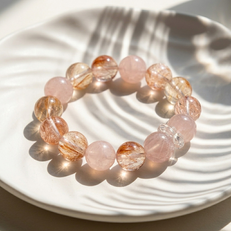 14MM Rose Quartz Red Phantom Clear Quartz Cube Design Crystal Bracelet