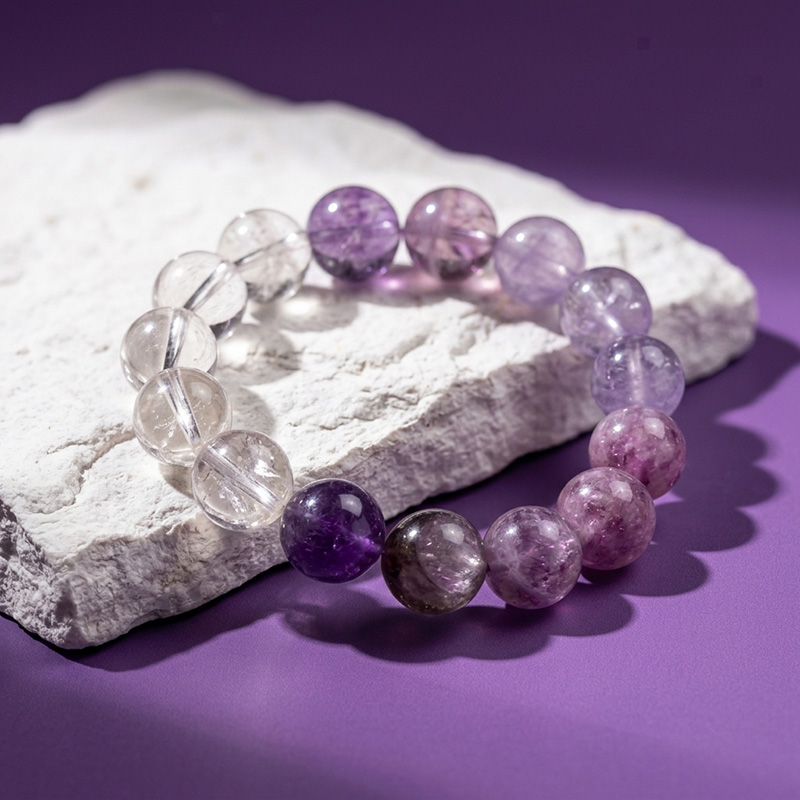 15mm Amethyst Clear Quartz Gradient Mixed Style Crystal Bracelet