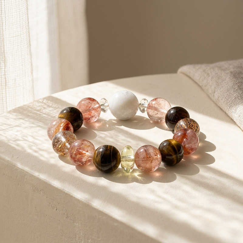 14mm Tiger's Eye Hematoid Quartz Citrine 17mm White Phantom Quartz Vintage Wealth Attraction Mixed Gemstone Bracelet