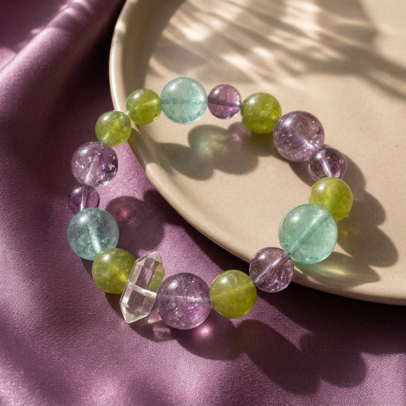 10mm Green Fluorite 15mm Amethyst Prehnite Clear Quartz Mixed Gemstone Crystal Point Bracelet