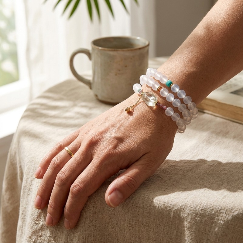6mm White Agate Tourmaline Citrine Stichtite Three-Loop Luxury Multi Gemstone Crystal Beaded Bracelet