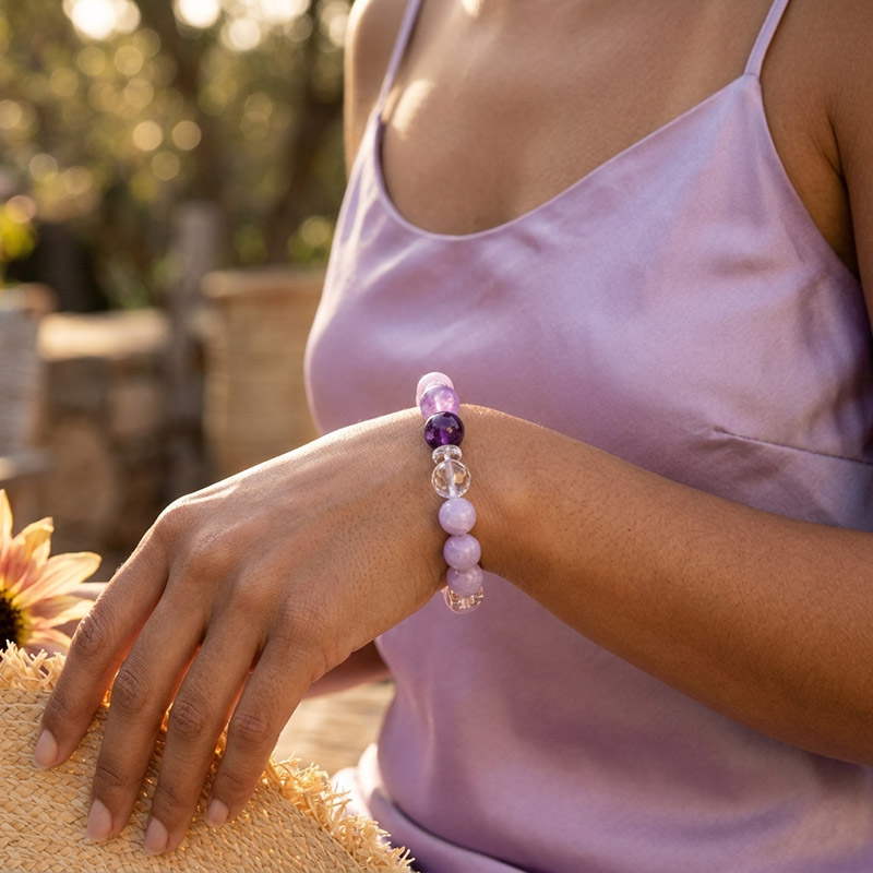 13MM Lavender Kunzite Multi Gemstone Clear Quartz Faceted Crystal Purple Amethyst Crystal Bracelet