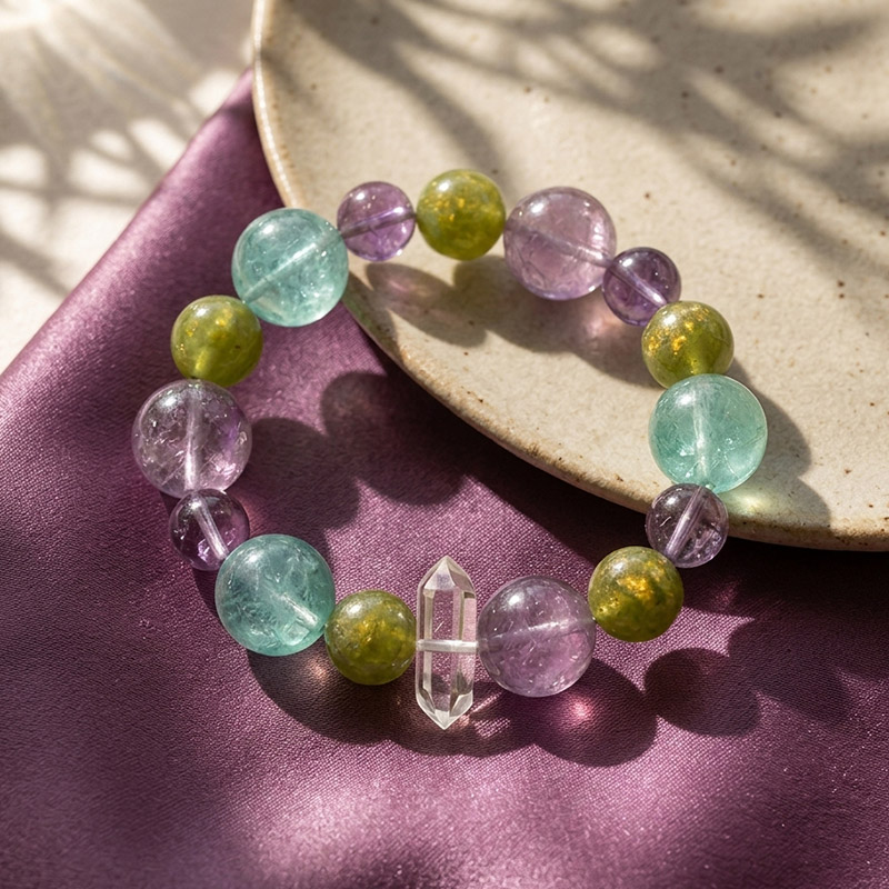 10mm Green Fluorite 15mm Amethyst Prehnite Clear Quartz Mixed Gemstone Crystal Point Bracelet