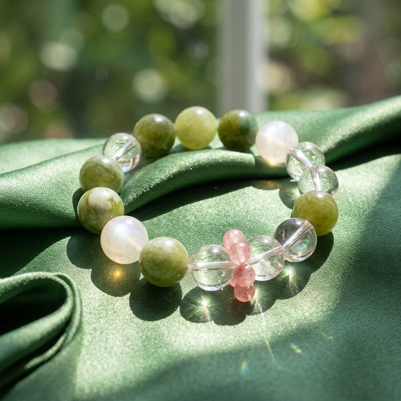 14MM Serpentine Moonstone Clear Quartz Rhodochrosite Running Ring Design Crystal Bracelet