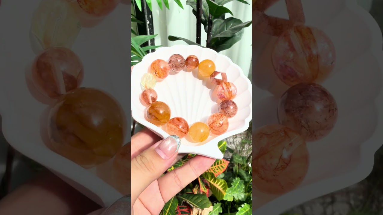 19.5mm Red Hematoid Quartz Yellow Hematoid Quartz Warm Orange Tone Crystal Beaded Bracelet
