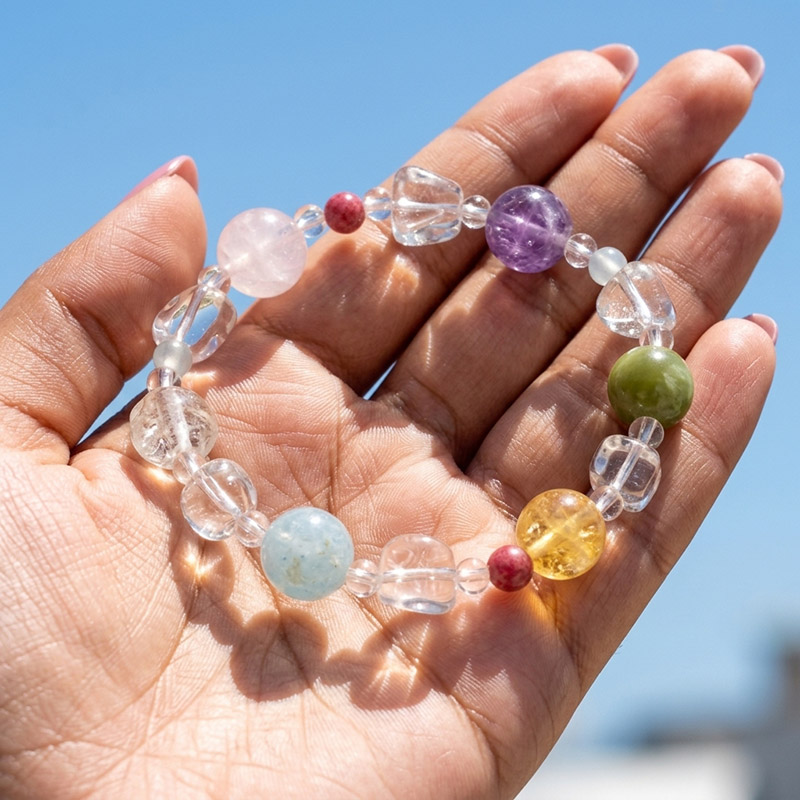 12MM Pastel Multi Gemstone Rose Quartz Amethyst Aquamarine Citrine Green Jade Rhodonite Clear Quartz Freeform Crystal Bracelet