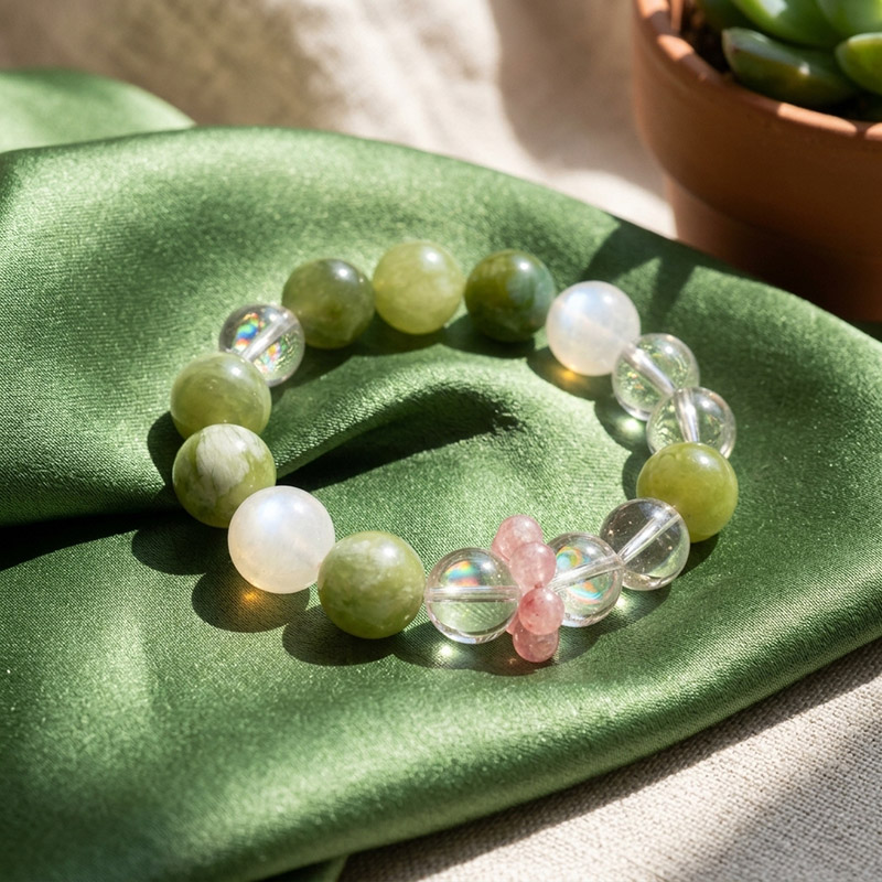 14MM Serpentine Moonstone Clear Quartz Rhodochrosite Running Ring Design Crystal Bracelet