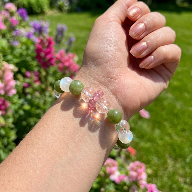 14MM Serpentine Moonstone Clear Quartz Rhodochrosite Running Ring Design Crystal Bracelet