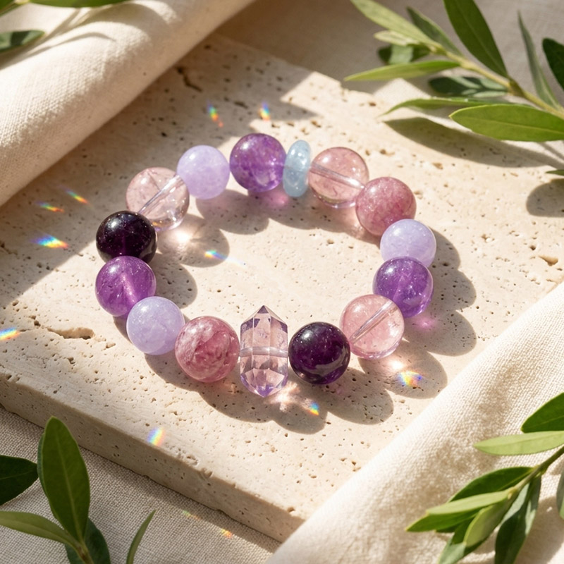 16MM Purple Multi Gemstone Amethyst Pink Emerald Quartz Purple Jade Crystal Blue Topaz Crystal Bracelet