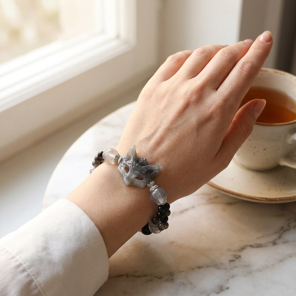 12mm Silver Obsidian Black Rutilated Quartz Crystal Bracelet with Nine-Tailed Fox Carving