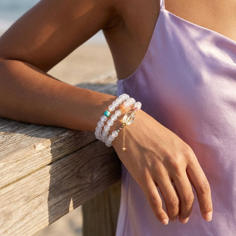 6mm White Agate Tourmaline Citrine Stichtite Three-Loop Luxury Multi Gemstone Crystal Beaded Bracelet