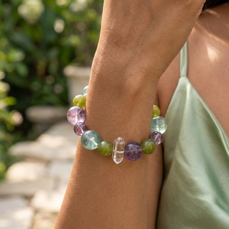 10mm Green Fluorite 15mm Amethyst Prehnite Clear Quartz Mixed Gemstone Crystal Point Bracelet