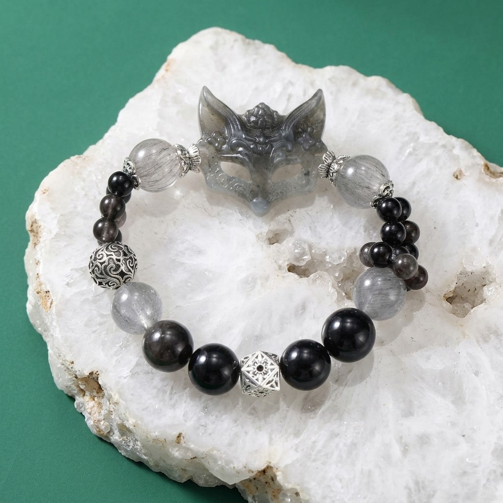 12mm Silver Obsidian Black Rutilated Quartz Crystal Bracelet with Nine-Tailed Fox Carving