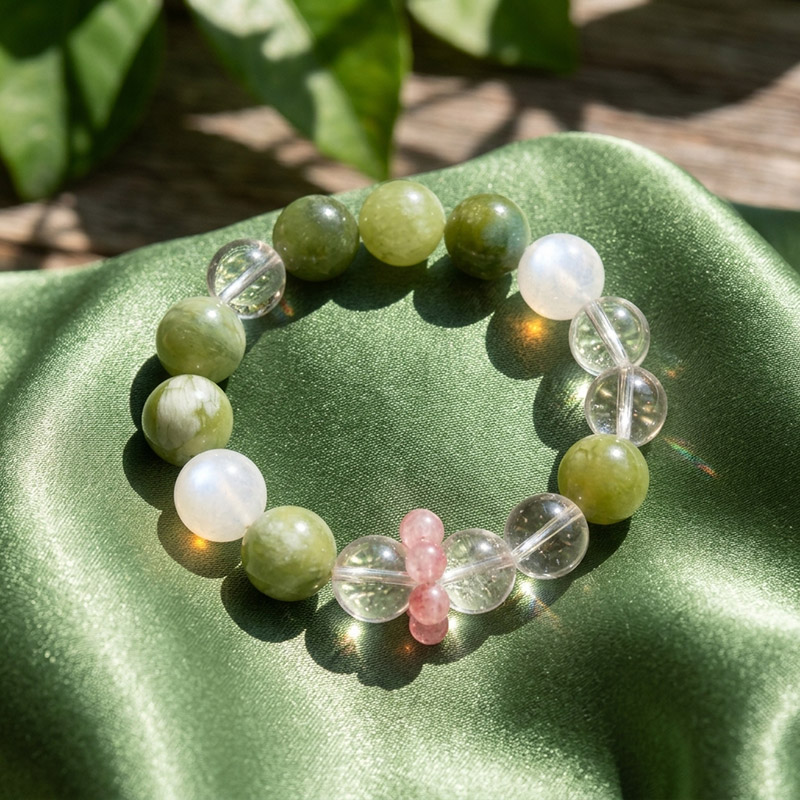 14MM Serpentine Moonstone Clear Quartz Rhodochrosite Running Ring Design Crystal Bracelet