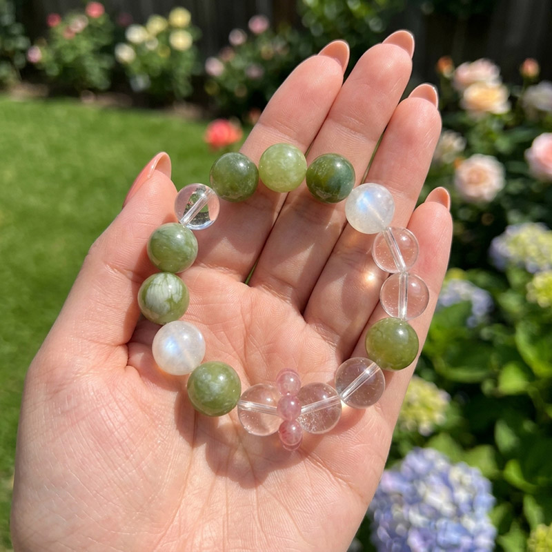 14MM Serpentine Moonstone Clear Quartz Rhodochrosite Running Ring Design Crystal Bracelet