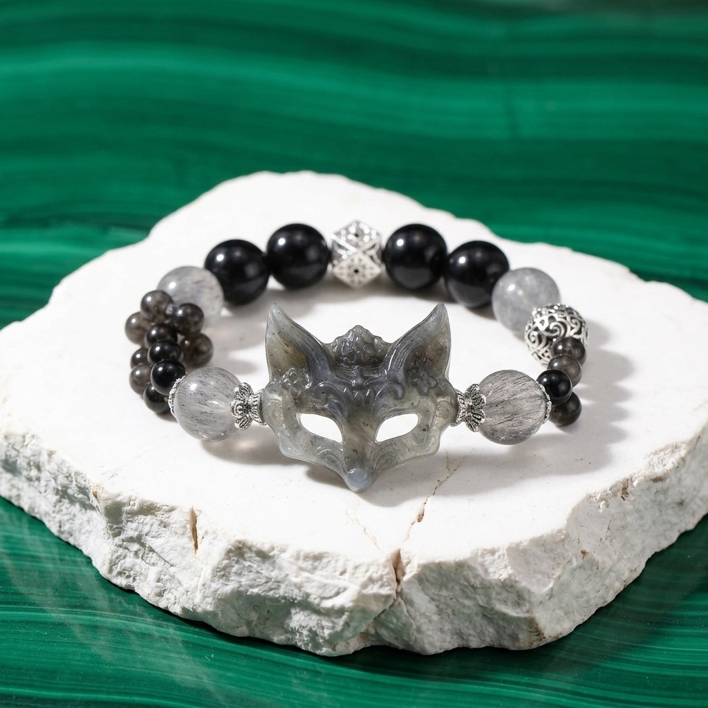 12mm Silver Obsidian Black Rutilated Quartz Crystal Bracelet with Nine-Tailed Fox Carving