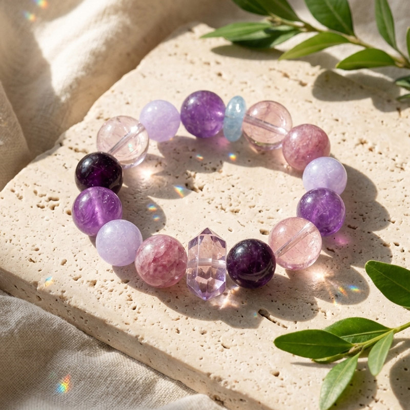 16MM Purple Multi Gemstone Amethyst Pink Emerald Quartz Purple Jade Crystal Blue Topaz Crystal Bracelet