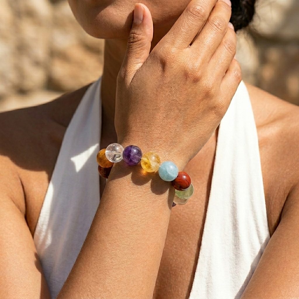 Sweetfeel 17mm Seven Chakras Mixed Gemstones Crystal Bracelet