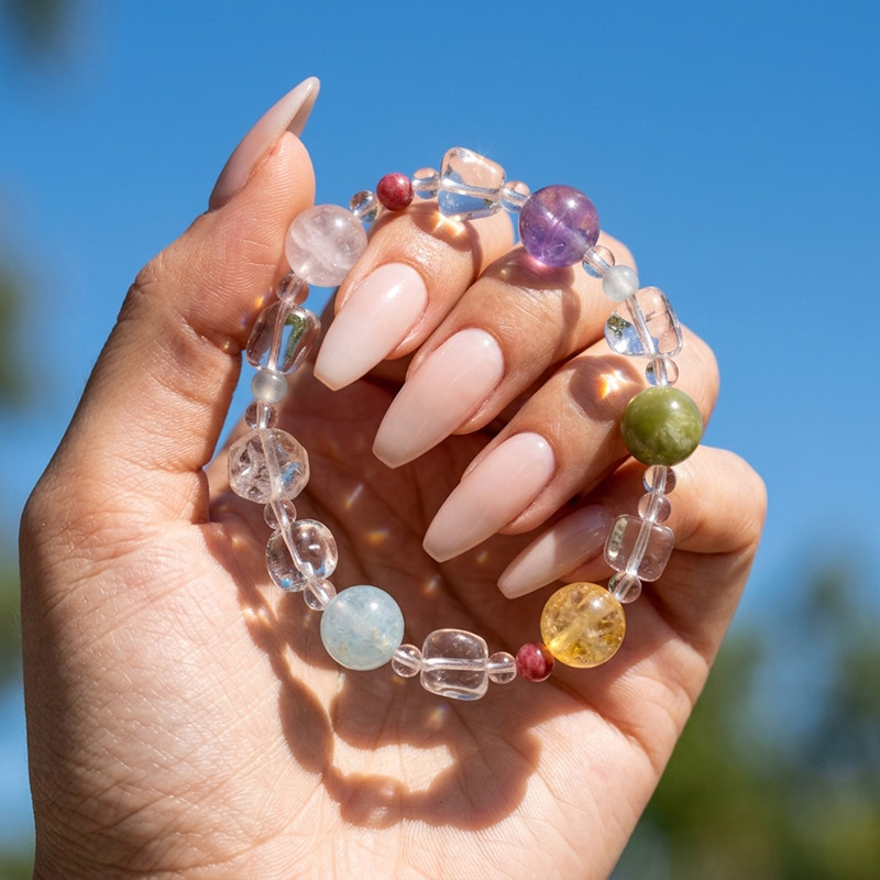 12MM Pastel Multi Gemstone Rose Quartz Amethyst Aquamarine Citrine Green Jade Rhodonite Clear Quartz Freeform Crystal Bracelet