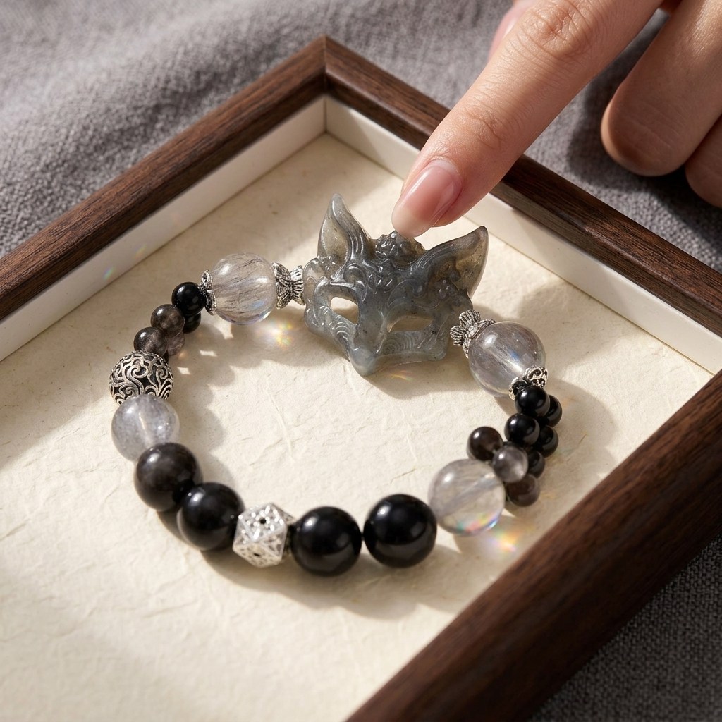 12mm Silver Obsidian Black Rutilated Quartz Crystal Bracelet with Nine-Tailed Fox Carving