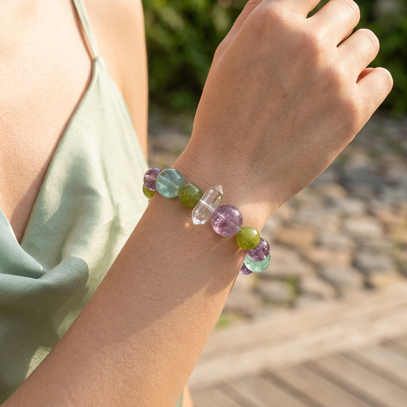 10mm Green Fluorite 15mm Amethyst Prehnite Clear Quartz Mixed Gemstone Crystal Point Bracelet