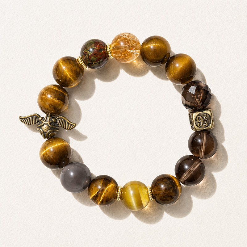 Golden Tiger Eye 12.5MM Retro Golden Winged Orb Accent Crystal Bracelet