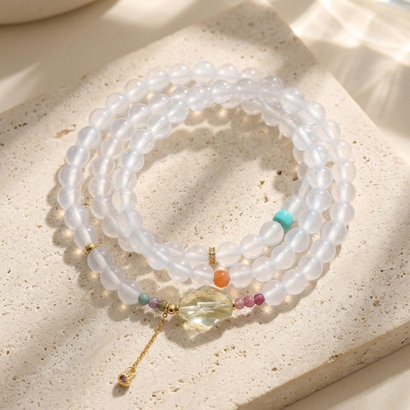 6mm White Agate Tourmaline Citrine Stichtite Three-Loop Luxury Multi Gemstone Crystal Beaded Bracelet