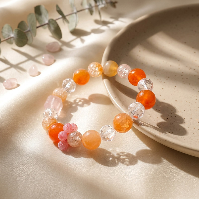 Sweetfeel 12mm Agate Rose Quartz Cherry Blossom Quartz Red Hematoid Quartz Faceted Cut Crystal Bracelet