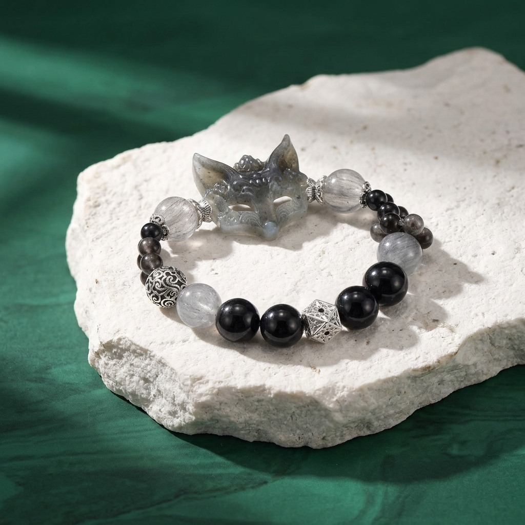12mm Silver Obsidian Black Rutilated Quartz Crystal Bracelet with Nine-Tailed Fox Carving