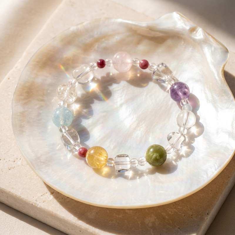 12MM Pastel Multi Gemstone Rose Quartz Amethyst Aquamarine Citrine Green Jade Rhodonite Clear Quartz Freeform Crystal Bracelet