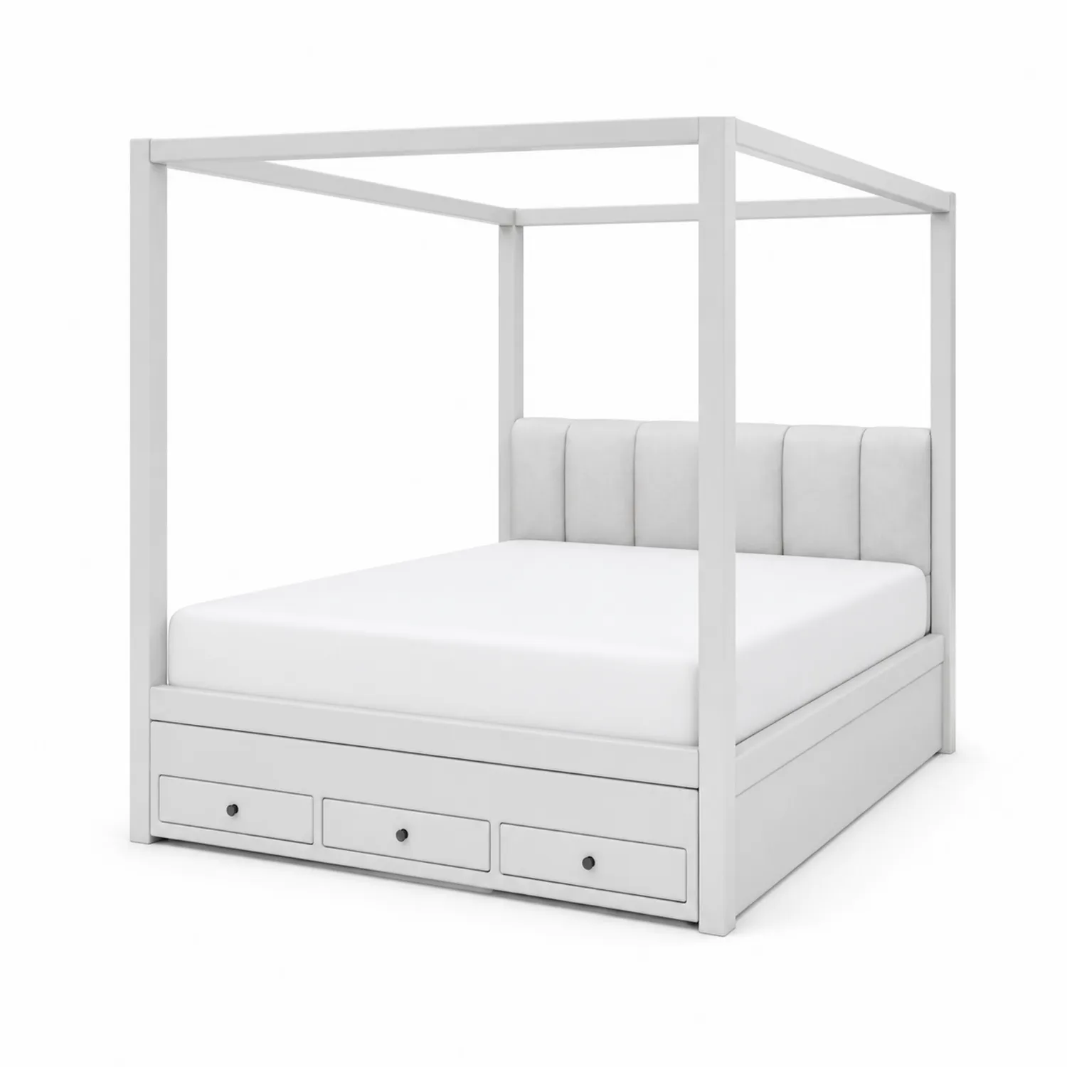 Letto a baldacchino con contenitore in legno e tessuto grigio