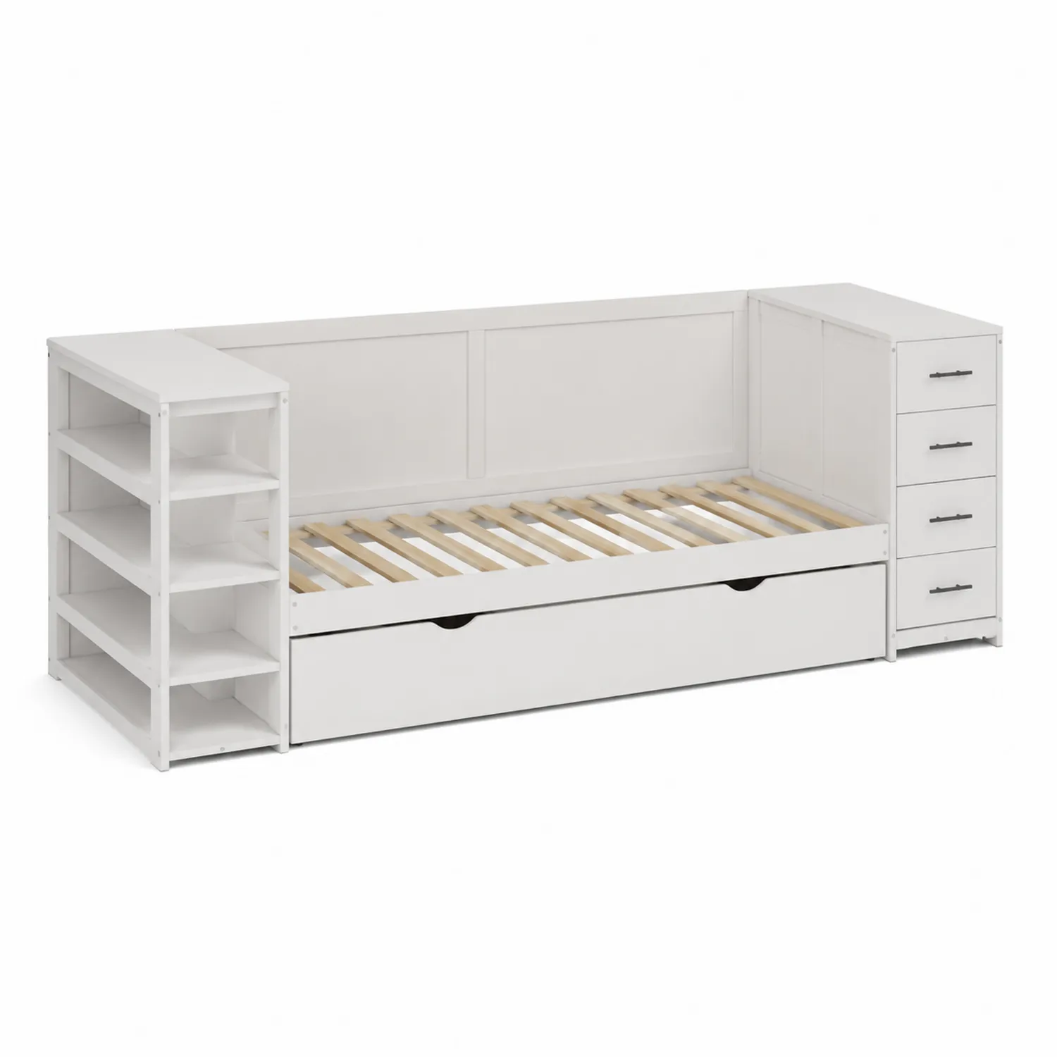 Letto da giorno bianco con scaffali e cassetti