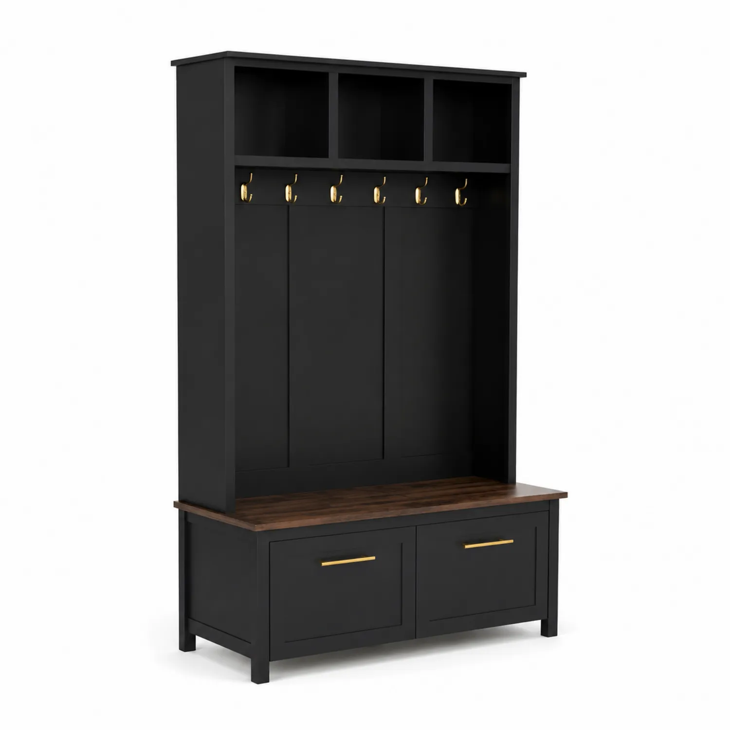 Appendiabiti in MDF nero con 6 ganci e panca di legno