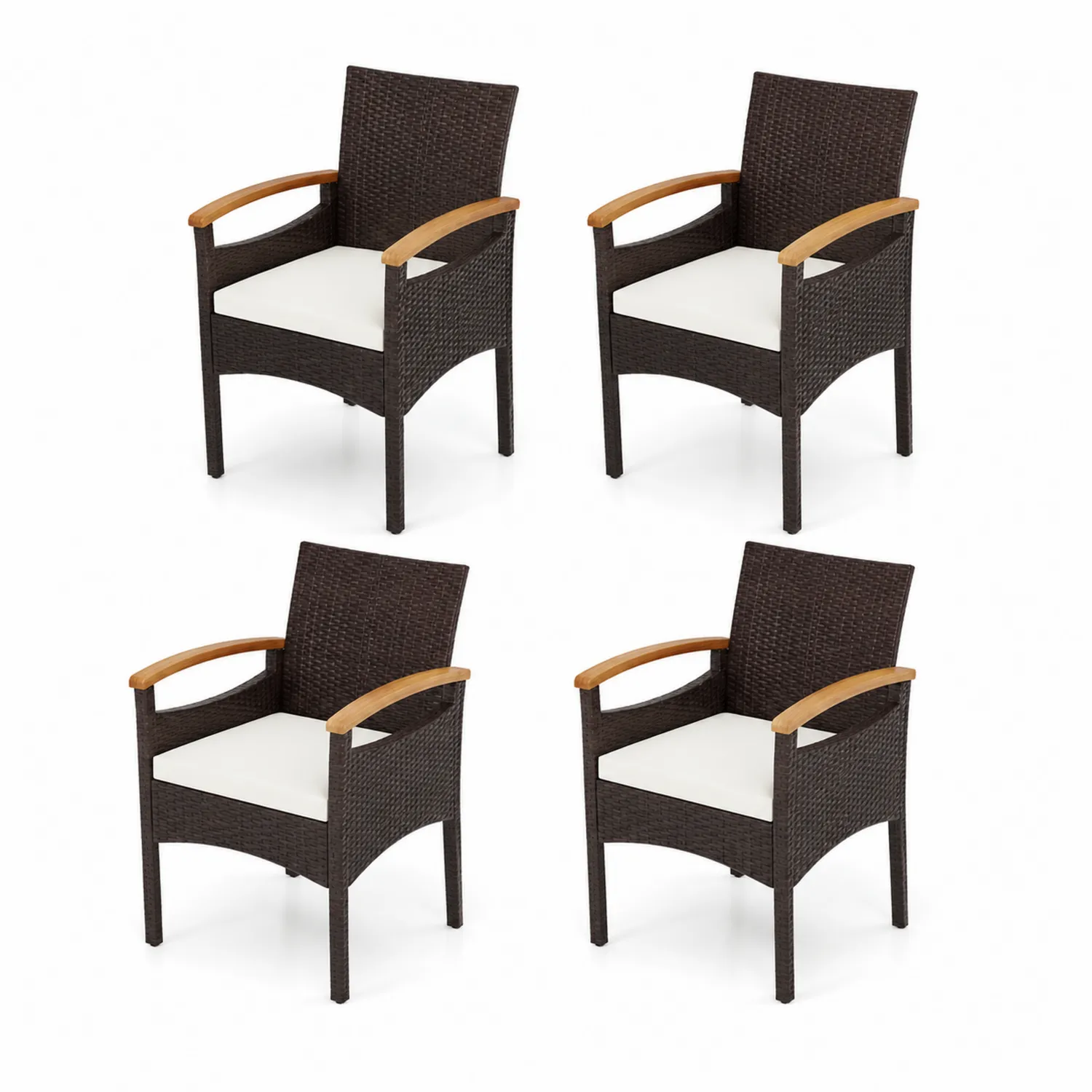 Set di 4 Sedie in Polyrattan e Legno Marrone e Bianco