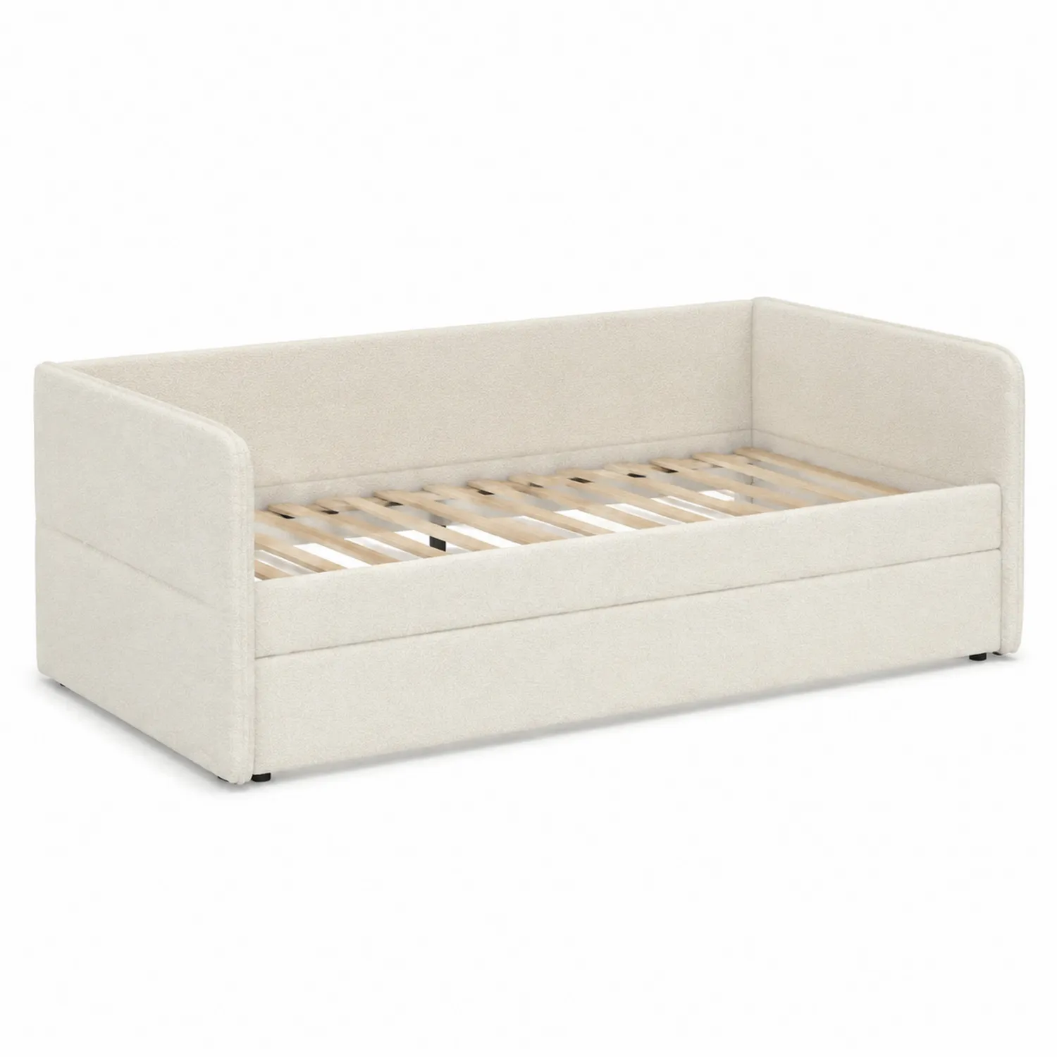 Letto da giorno in legno e tessuto beige con cassetto