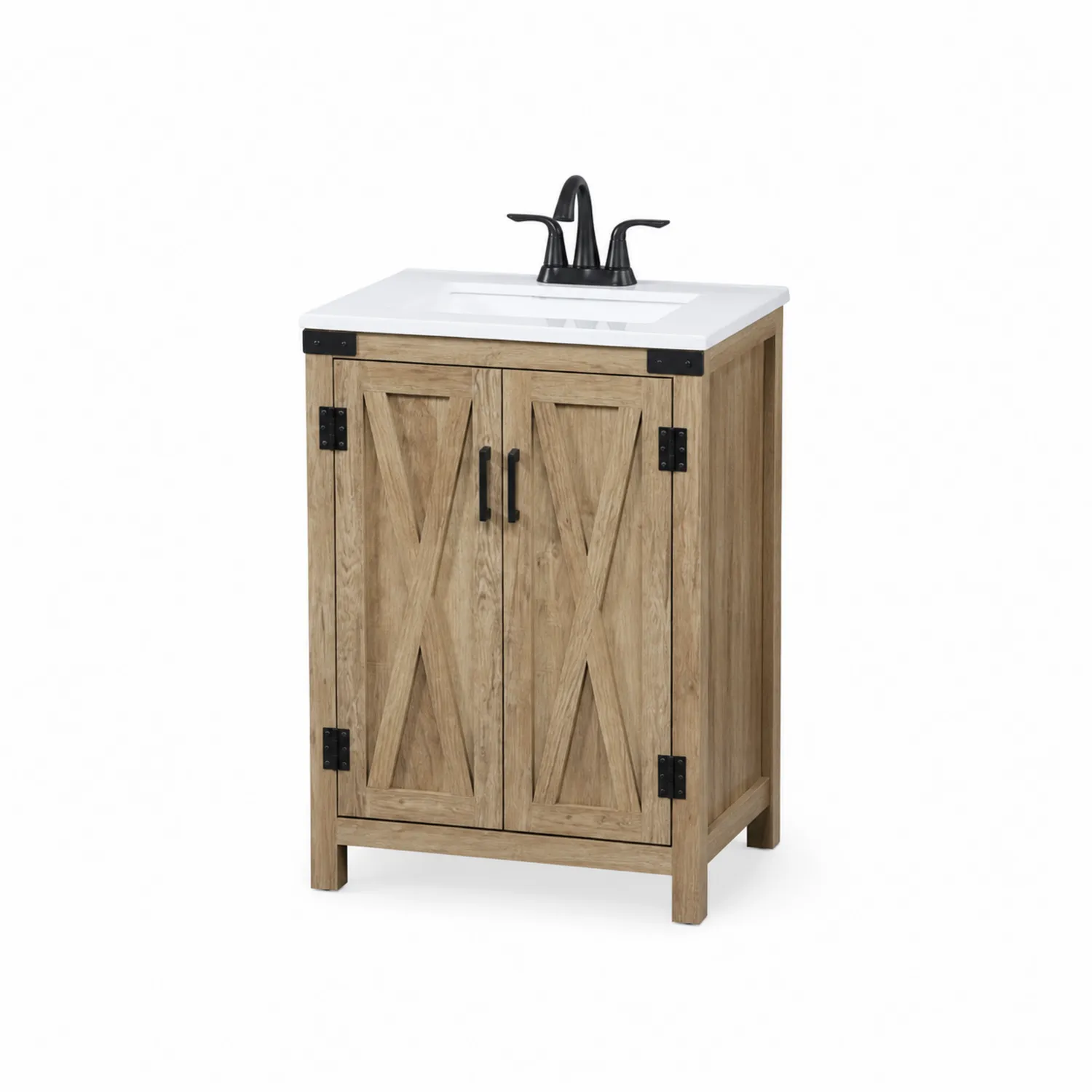 Mobile lavabo in legno con lavabo in porcellana e rubinetto nero