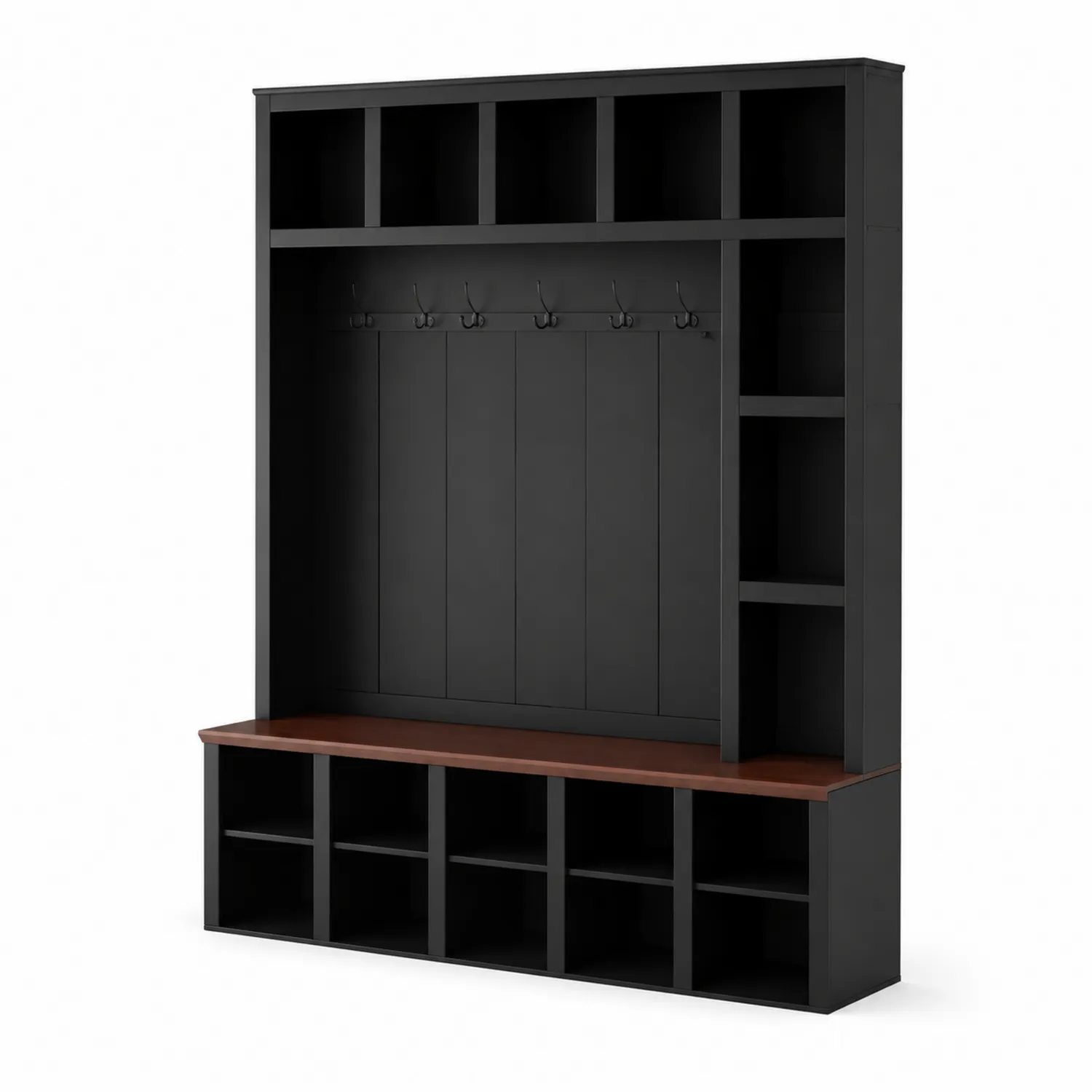 Appendiabiti in Legno con Panca e Scaffali Nero e Noce