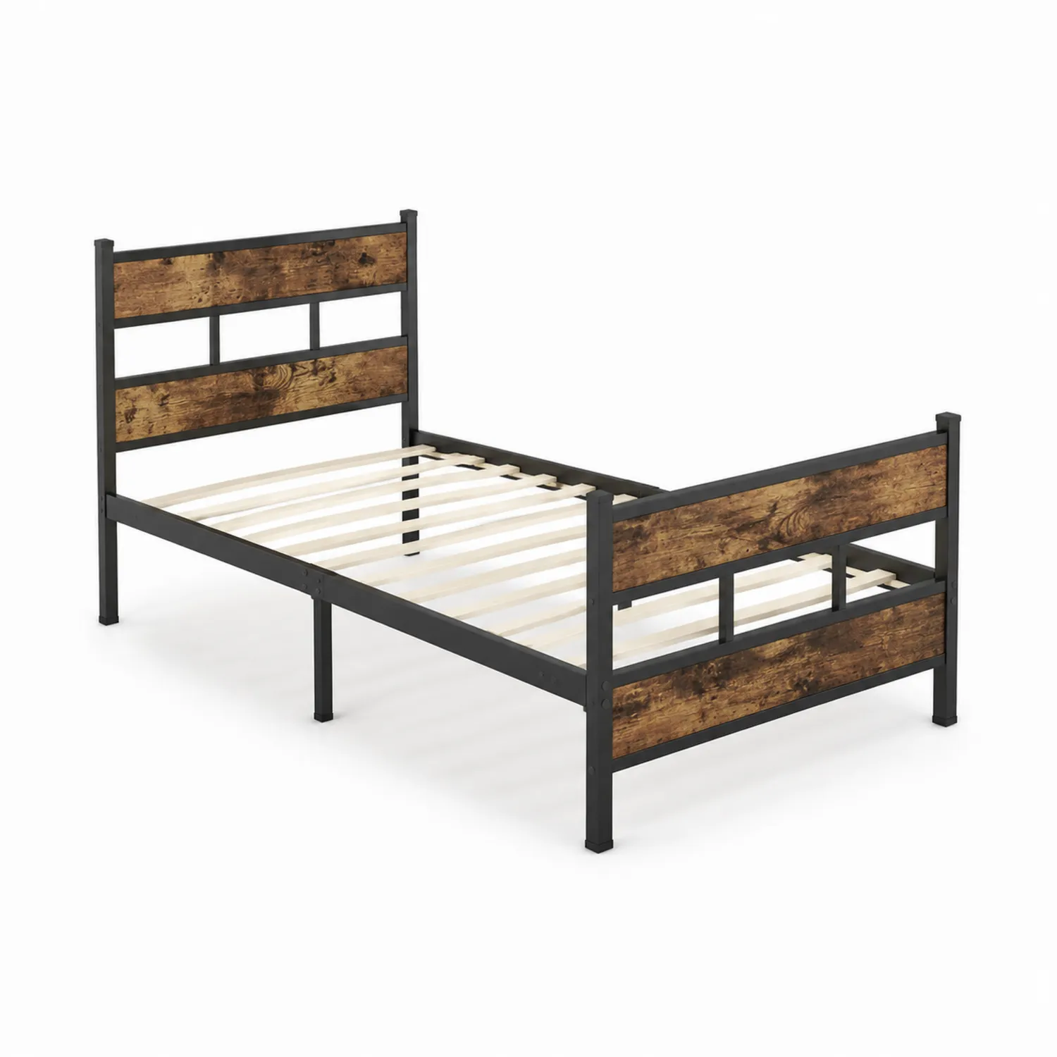 Letto singolo in acciaio e pannelli di legno 200x90 cm Nero/Marrone