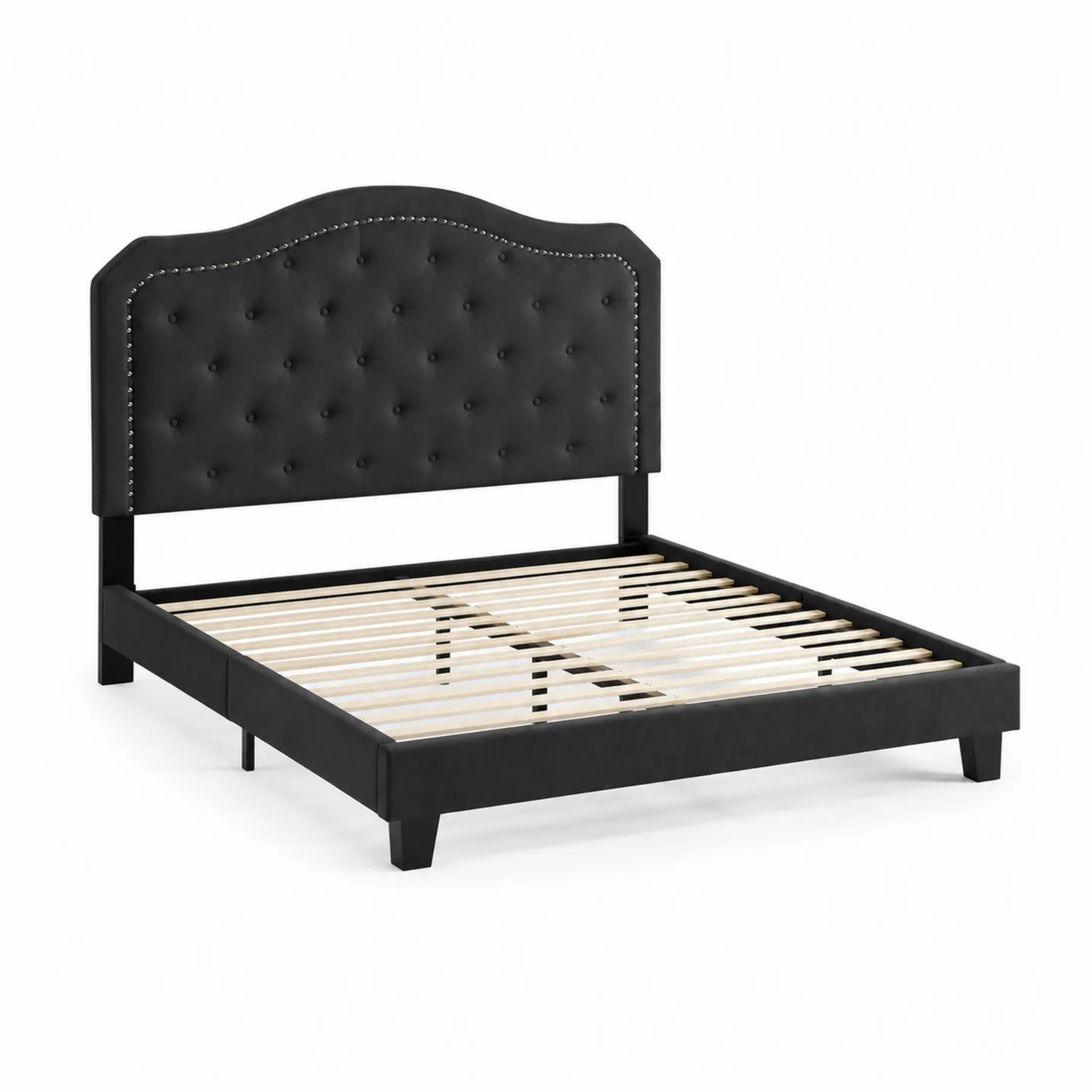 Letto matrimoniale in legno con rivestimento in pelle nera e testiera imbottita