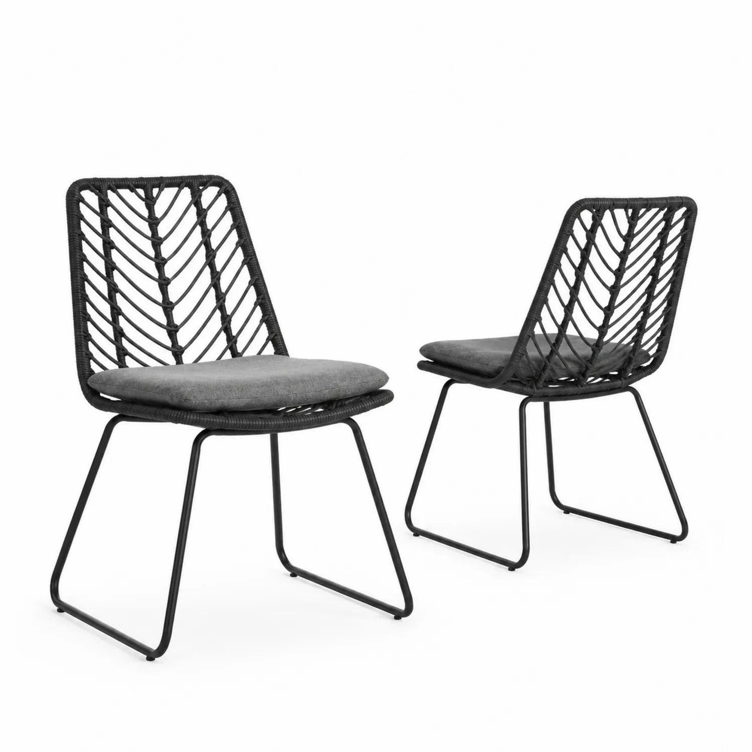 Sedie da Giardino in Metallo e Polyrattan con Cuscini Grigi, Set di 2